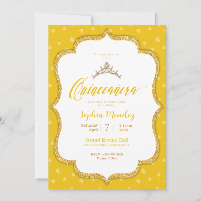 Quinceanera - Einladung zu Gelb- und Goldherzen (Vorderseite)