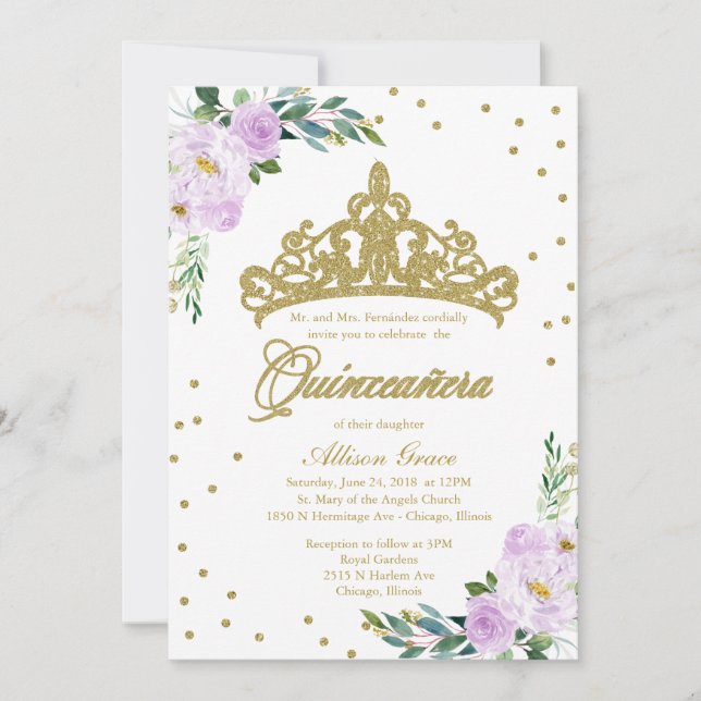 Quinceanera Einladung zweisprachige Tiara Lilac (Vorderseite)