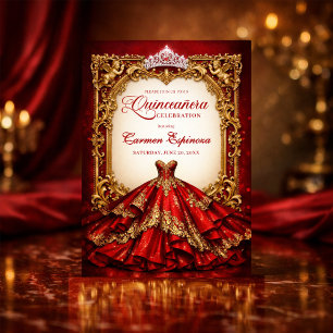 Quinceañera-Einladungen Rot & Gold Royal Ballkleid Einladung