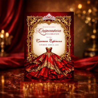 Quinceañera-Einladungen Rot & Gold Royal Ballkleid Einladung