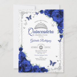 Quinceanera Elegant Chic Royal Blue Roses Silver Einladung