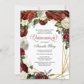 Quinceanera elegant grün weiß bordeauxrot floral einladung