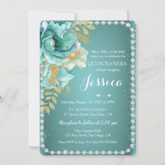 Quinceanera Elegante Aquamarine Goldene Flora Einl Einladung