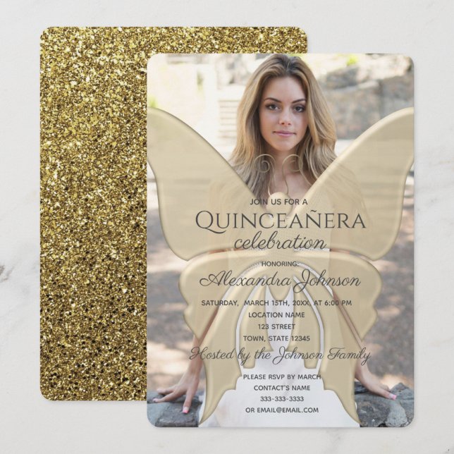 Quinceanera Elegante Butterfly Gold Glitzer Foto Einladung (Vorne/Hinten)