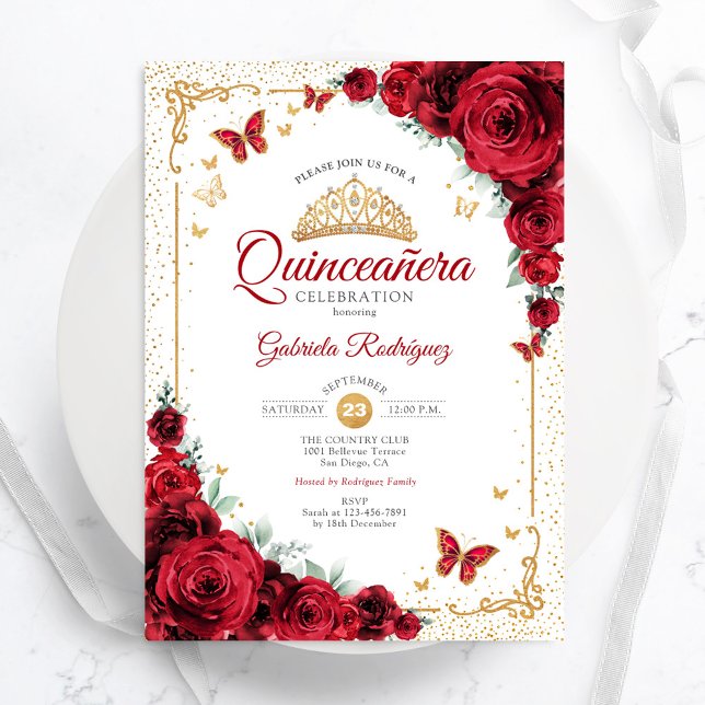 Quinceanera Elegante Chic Rote Rosen Gold Einladung (Von Creator hochgeladen)