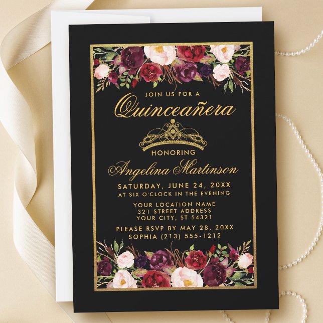 Quinceanera Elegante Floral Gold Rahmen Crown Blac Einladung (Von Creator hochgeladen)