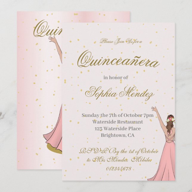 Quinceanera Elegante Rosa Gold Einladung (Vorne/Hinten)