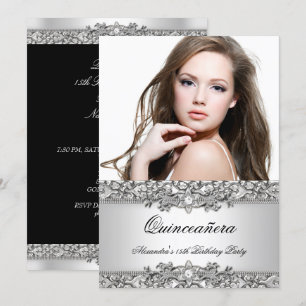 Quinceanera Elegante Silver White Diamond Foto Einladung