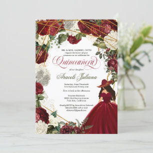 Quinceanera eleganter Charro Bordeaux weiße Blüte Einladung