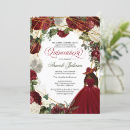 Quinceanera eleganter Charro Bordeaux weiße Blüte Einladung