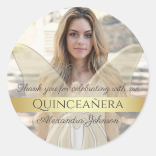 Quinceanera Eleganter Goldener Schmetterling Foto Runder Aufkleber