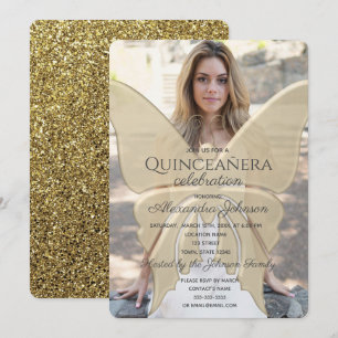 Quinceanera Eleganter Schmetterling Gold Glitter F Einladung