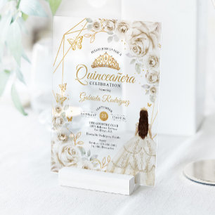 Quinceanera Elfenbein Gold Creme Weiß Blumenkleid Acryleinladungen