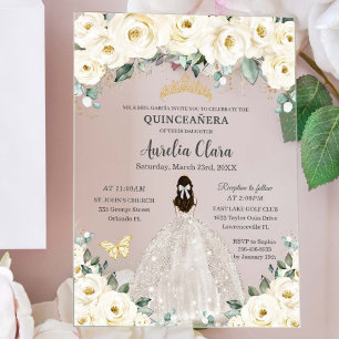 Quinceañera Elfenbein Weiß Floral Gold Tiara Kleid Acryleinladungen