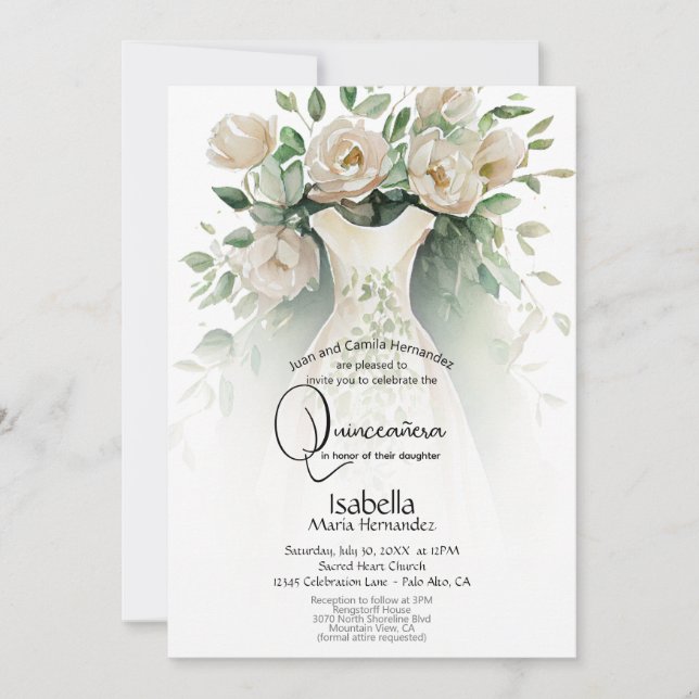Quinceañera | Elfenbeinküste Blume und Kleidung Einladung (Vorderseite)