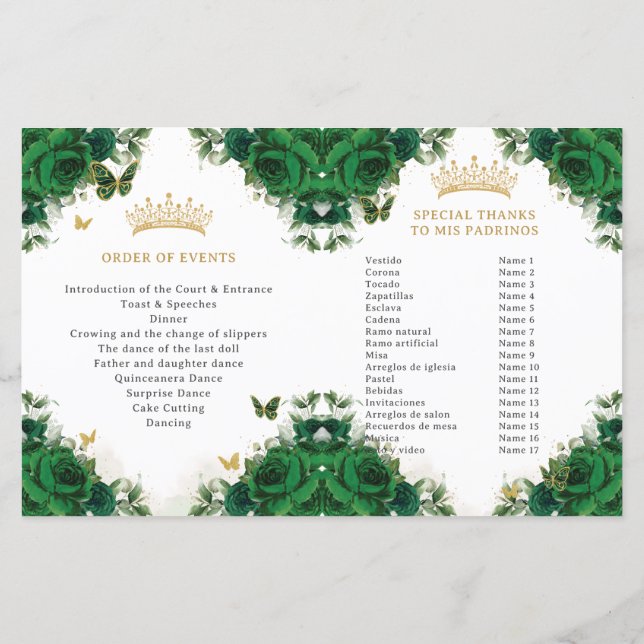 Quinceañera Emerald Floral Butterflies Programme (Dos)