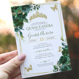 Quinceañera Emerald Forest Green Gold Butterfly Einladung