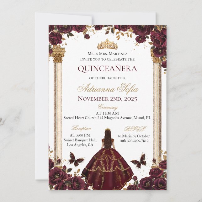 Quinceañera Emerald Gold Burgund Rose Prinzessin Einladung (Vorderseite)