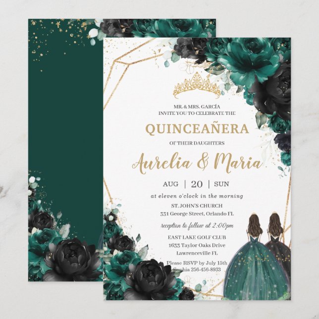 Quinceañera Emerald Green Black Floral Rose Twins Einladung (Vorne/Hinten)