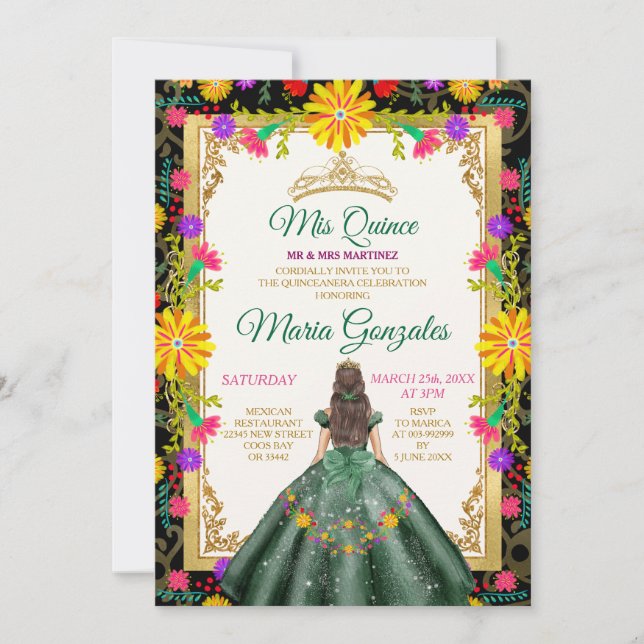 Quinceanera Emerald Green Blume Geburtstag Einladung (Vorderseite)