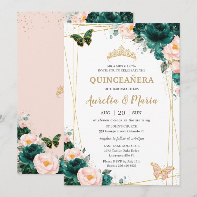 Quinceañera Emerald Green Blush Floral Twins Einladung (Vorne/Hinten)