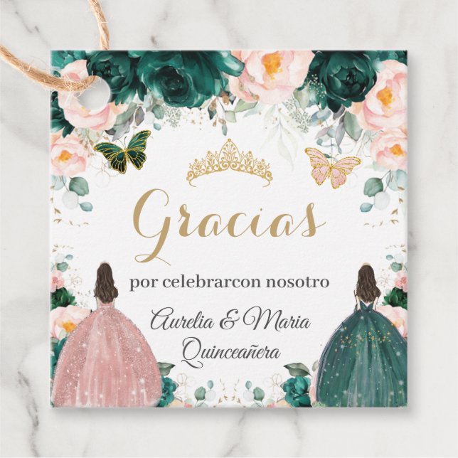 Quinceañera Emerald Green Blush Floral Twins Geschenkanhänger (Vorderseite)