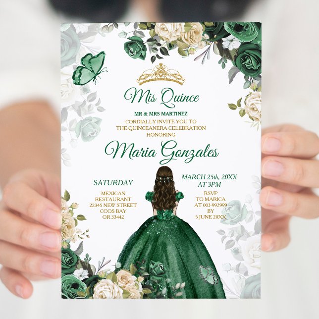 Quinceañera Emerald Green Butterfly Gold Crown Einladung (Von Creator hochgeladen)