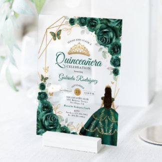 Quinceanera Emerald Green Dress Gold Acryleinladungen