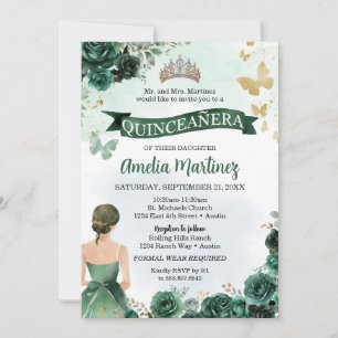 Quinceanera Emerald Green Dress Gold Butterfly Einladung