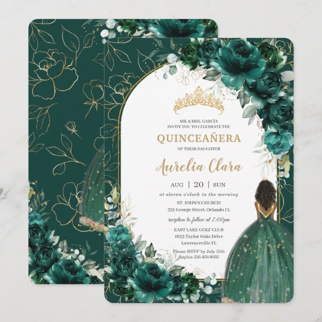 Quinceañera Emerald Green Floral Brown Princess Einladung (Vorne/Hinten)