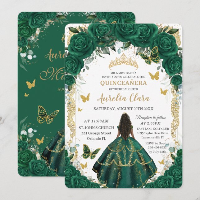Quinceañera Emerald Green Floral Brown Princess  Einladung (Vorne/Hinten)