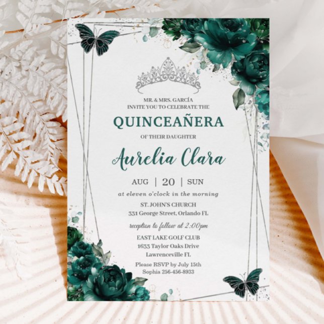 Quinceañera Emerald Green Floral Butterfliegen Tia Einladung (Von Creator hochgeladen)