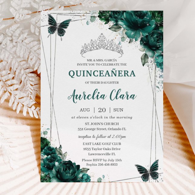 Quinceañera Emerald Green Floral Butterfliegen Tia Einladung (Von Creator hochgeladen)