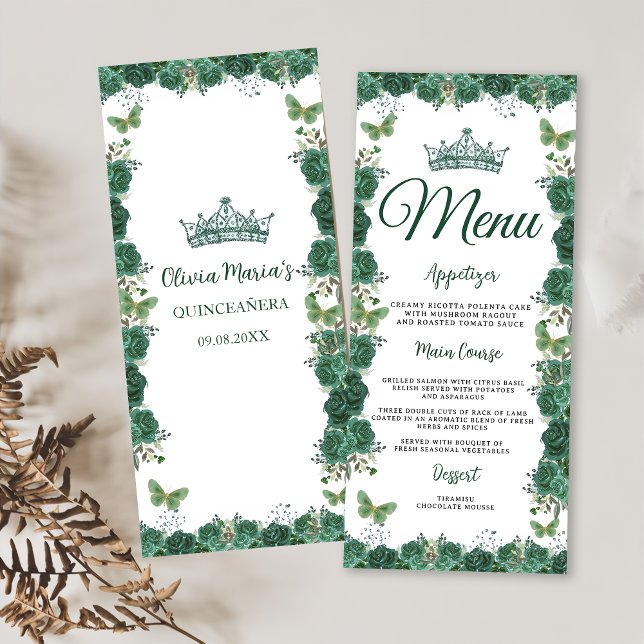 Quinceañera Emerald Green Floral Butterfliegen Tia Menükarte (Von Creator hochgeladen)