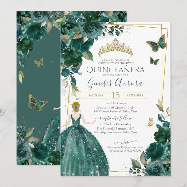 Quinceañera Emerald Green Floral Butterfresken Kle Einladung (Vorne/Hinten)