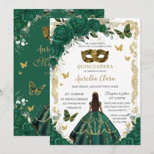 Quinceañera Emerald Green Floral Gold Masquerade Einladung