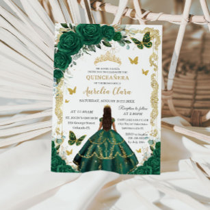 Quinceañera Emerald Green Floral Gold Prinzessin Einladung
