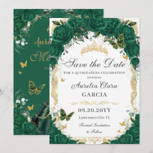 Quinceañera Emerald Green Floral Gold Prinzessin Save The Date
