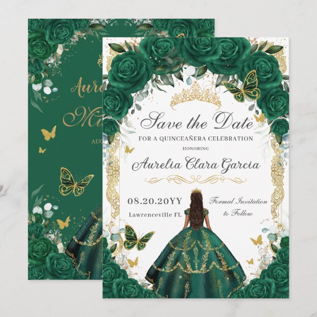 Quinceañera Emerald Green Floral Gold Prinzessin Save The Date (Vorne/Hinten)