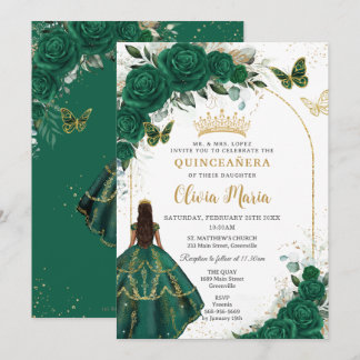Quinceañera Emerald Green Floral Gold Schmetterlin Einladung
