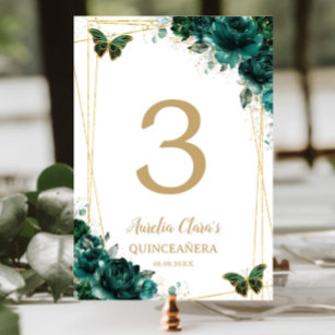Quinceañera Emerald Green Floral Gold Schmetterlin Tischnummer