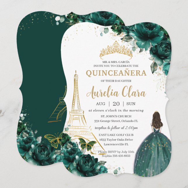 Quinceañera Emerald Green Floral Paris Gold Crown Einladung (Vorne/Hinten)