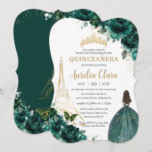 Quinceañera Emerald Green Floral Paris Gold Crown Einladung