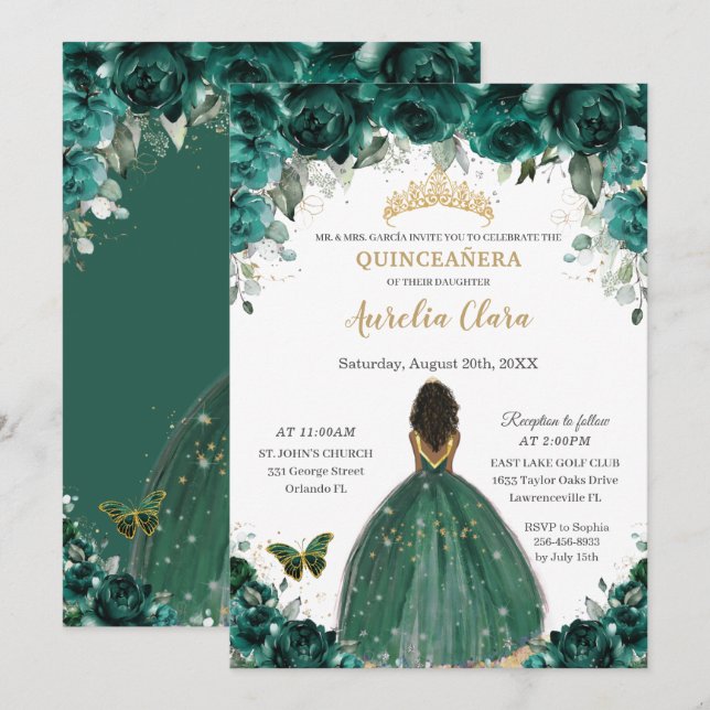 Quinceañera Emerald Green Floral Princess Crown Einladung (Vorne/Hinten)
