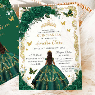 Quinceañera Emerald Green Floral Princess Gold Einladung