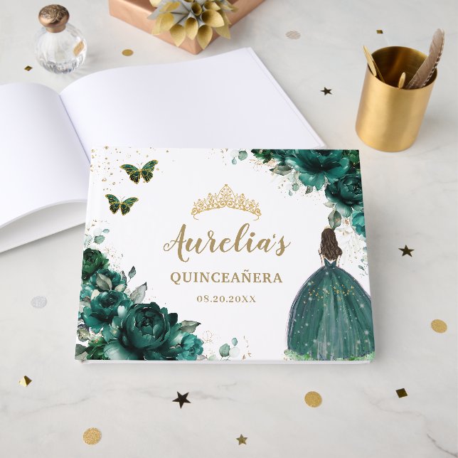 QUINCEAÑERA Emerald Green Floral Rose Princess Gästebuch (Vorderseite Offen)