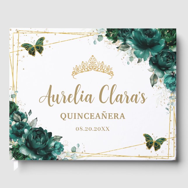 QUINCEAÑERA Emerald Green Floral Rose Schmetterlin Gästebuch (Vorderseite)