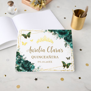 QUINCEAÑERA Emerald Green Floral Rose Schmetterlin Gästebuch