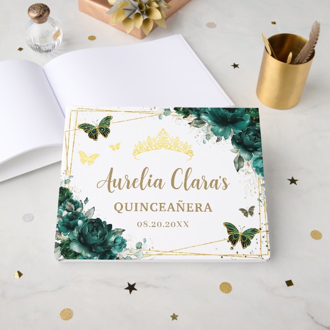 QUINCEAÑERA Emerald Green Floral Rose Schmetterlin Gästebuch (Vorderseite offen)