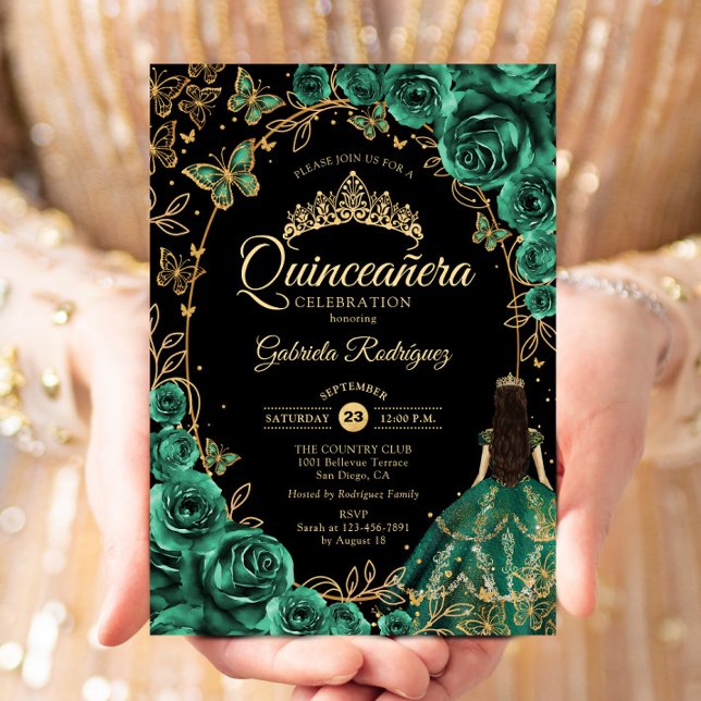 Quinceanera Emerald Green Gold Black Einladung (Von Creator hochgeladen)